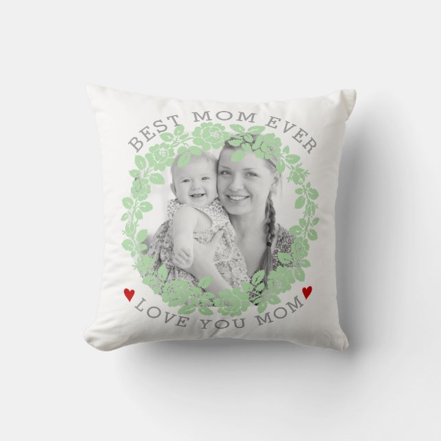 Mothers Day mint green and grey rose wreath photo Cushion (Front)