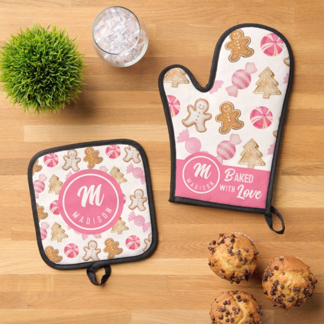 Mother's Day Monogram-Pink Sugarplum & Gingerbread Oven Mitt & Pot Holder Set (Top Down)