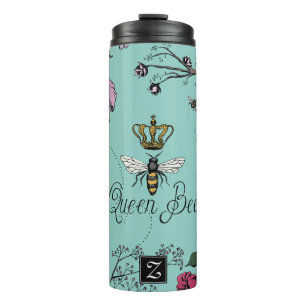 Mothers Day Monogram Queen Bee Gold Crown Floral Thermal Tumbler