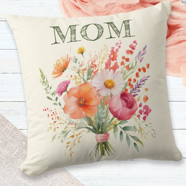 Mother's Day Mum Pretty Floral Bouquet Flowers Cushion (A beautiful throw pillow for Mother's Day, with picture of a hand-tied bouquet of flowers)