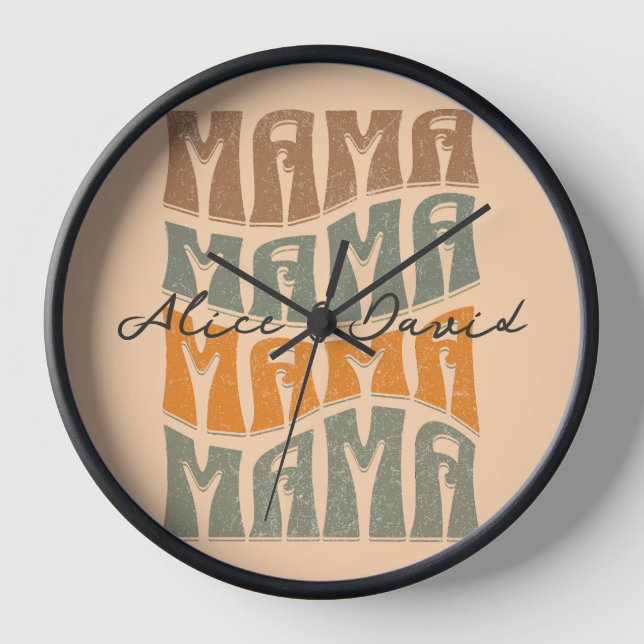 Mother's Day Natural Colour Mama Kids Name T-Shirt Clock (Front)