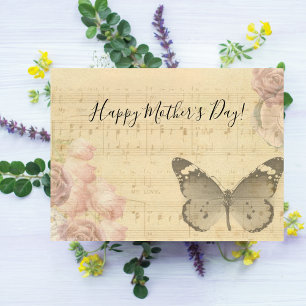 Mother's Day Old Sheet Music Score Roses Butterfly Holiday Card