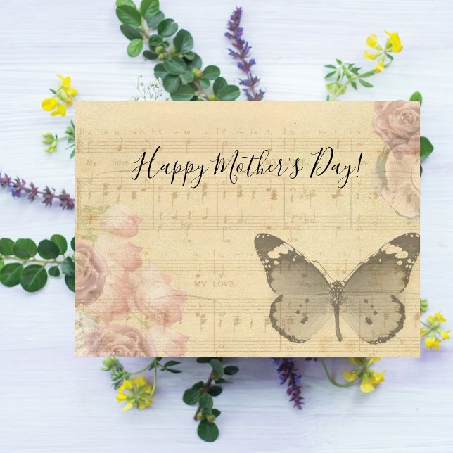 Mother's Day Old Sheet Music Score Roses Butterfly Holiday Card (Creator Uploaded)