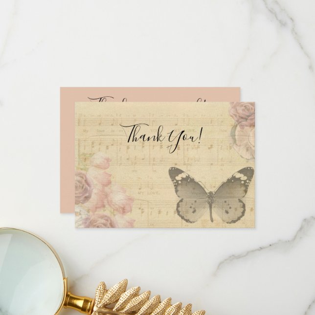 Mother's Day Old Sheet Music Score Roses Butterfly Thank You Card (Front/Back In Situ)
