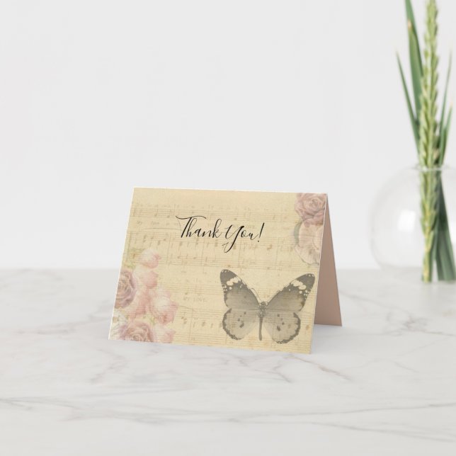 Mother's Day Old Sheet Music Score Roses Butterfly Thank You Card (Front)