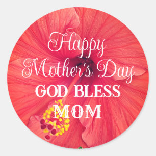 Mother's Day Orange Hibiscus Flower God Bless Mom Classic Round Sticker