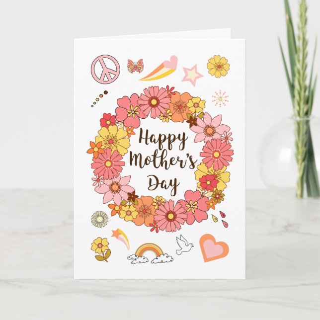 Mother's Day Peace and Love with Pink Flowers      Card (Front)