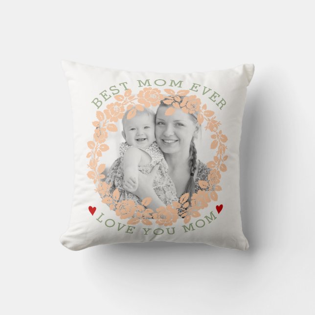 Mothers Day peach and green rose wreath photo Cushion (Front)