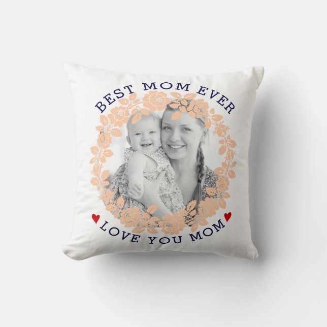 Mothers Day peach, navy blue rose wreath photo Cushion (Front)