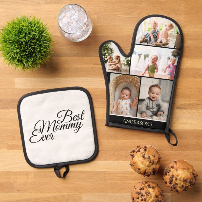 Mother's Day Photo Collage Custom  Oven Mitt & Pot Holder Set (Top Down)