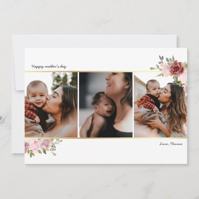 Mother's Day Photo collage floral blush gold Holiday Card (Front)