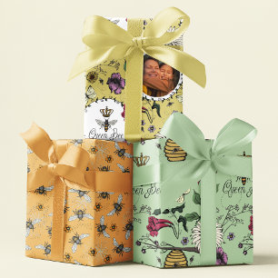 Mothers Day Photo Queen Bee and Bees Floral Wrapping Paper Sheet