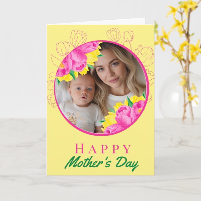 Mother's Day Photo & Watercolor Tulips  Card (Yellow Flower)