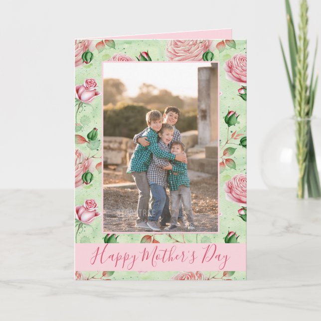 Mother's Day Pink and Green floral print photo Card (Front)