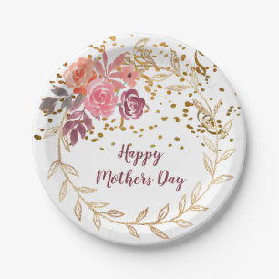 Mother's Day Pink And Marsala Gold Glitter Floral Paper Plate