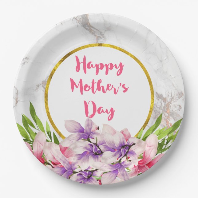 Mother's Day Pink and Purple Watercolor Magnolias Paper Plate (Front)