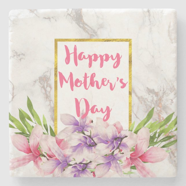 Mother's Day Pink and Purple Watercolor Magnolias Stone Coaster (Front)