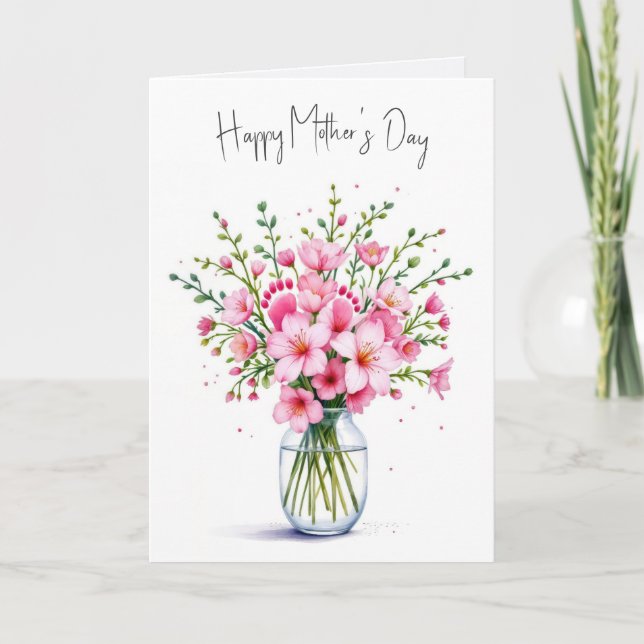 Mother's Day Pink Flower Bouquet With Baby Feet Card (Front)