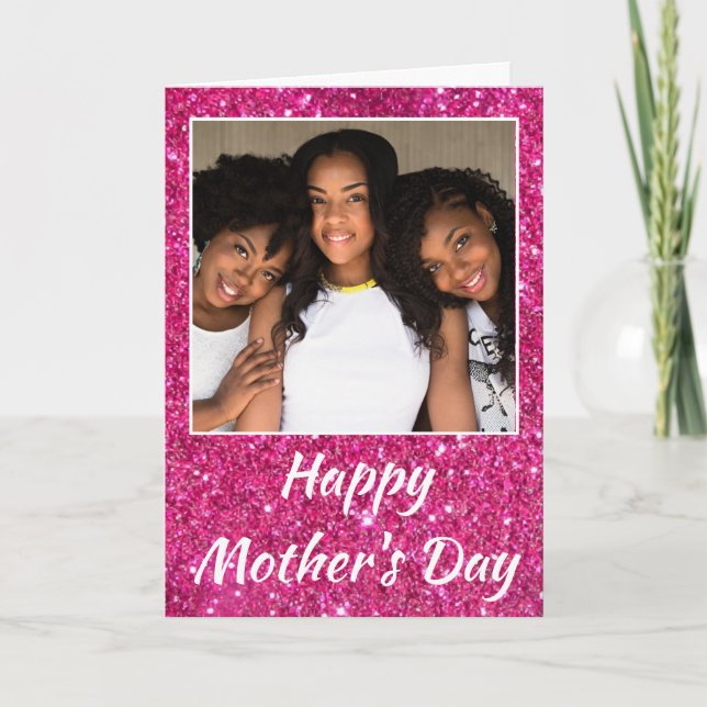 Mother's Day Pink Glitter Cherished Family Photo Card (Front)