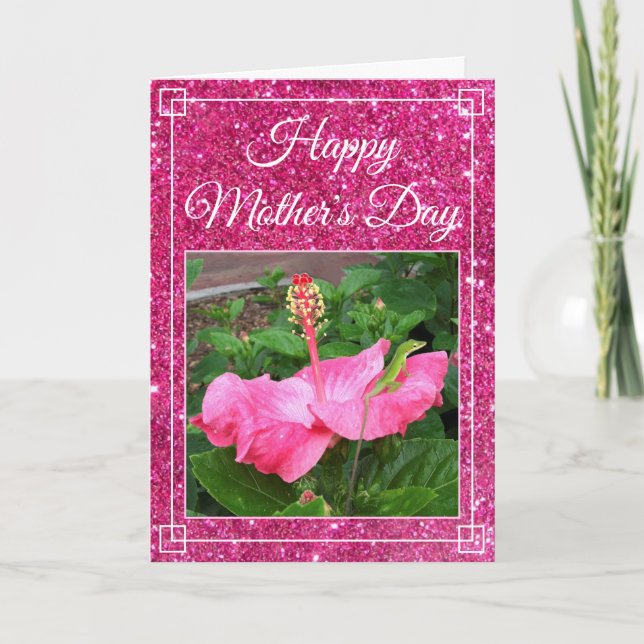 Mother's Day Pink Glitter Hibiscus Flower Photo Card (Front)
