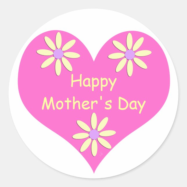 Mother's Day Pink Heart and Yellow Flowers Classic Round Sticker (Front)