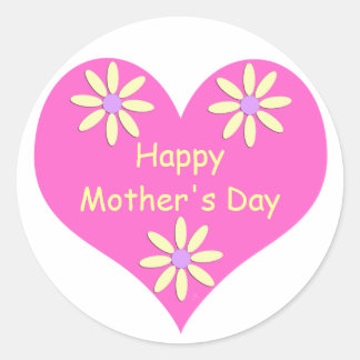 Mother's Day Pink Heart and Yellow Flowers Classic Round Sticker
