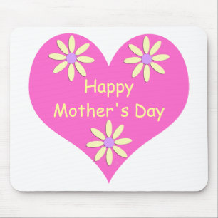 Mother's Day Pink Heart and Yellow Flowers Mouse Mat