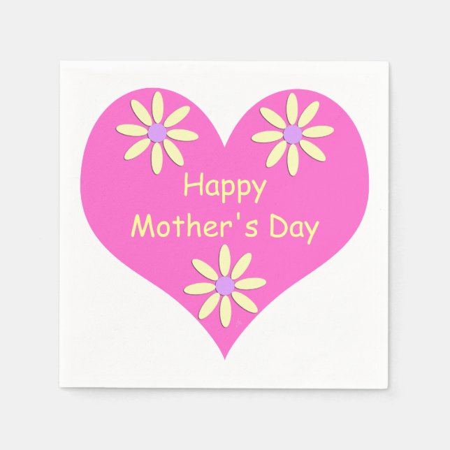 Mother's Day Pink Heart and Yellow Flowers Napkin (Front)