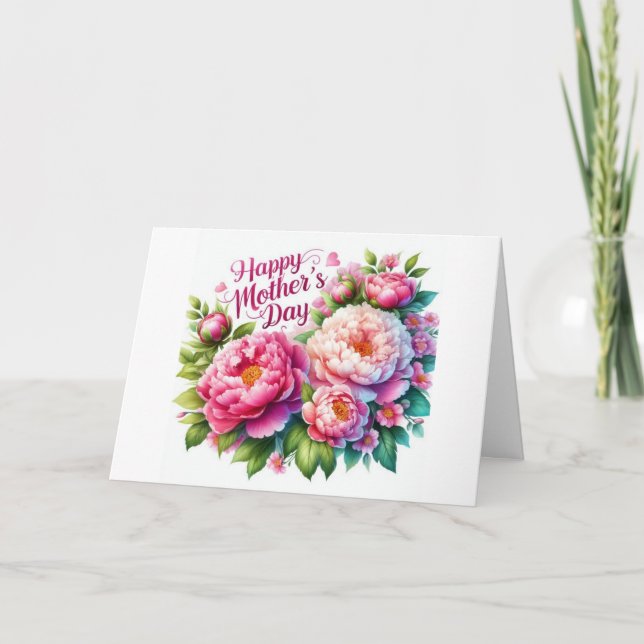 Mother's Day Pink Peonies Flower Holiday Card (Front)