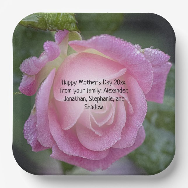  Mothers Day Pink Rose Dew Drops Floral Photo Paper Plate (Front)