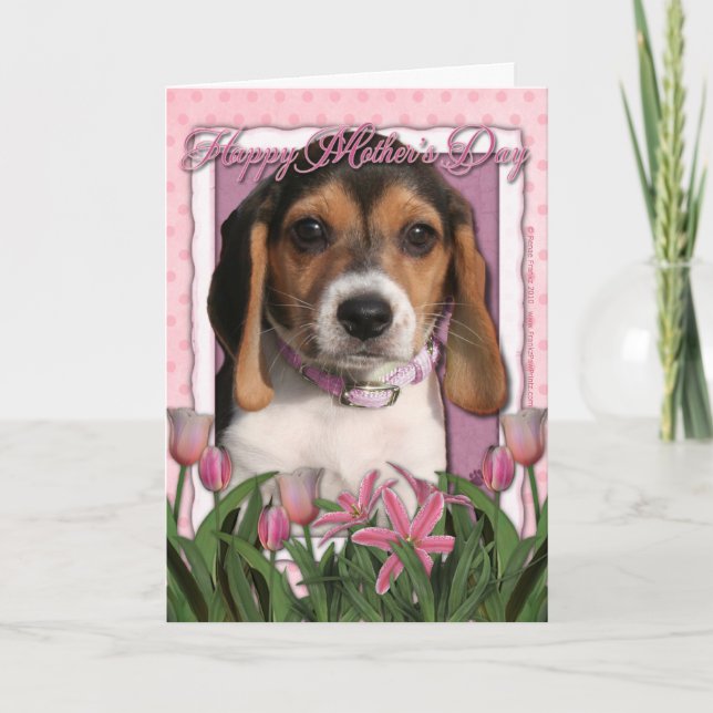 Mothers Day - Pink Tulips - Beagle Puppy Card (Front)