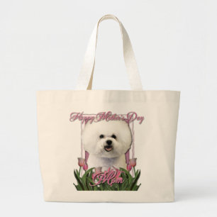 Mothers Day - Pink Tulips - Bichon Frise Large Tote Bag