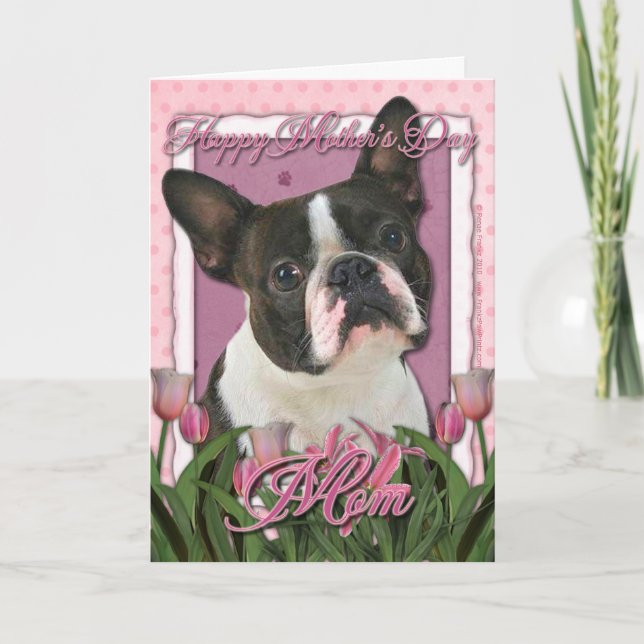 Mothers Day - Pink Tulips - Boston Terrier Card (Front)