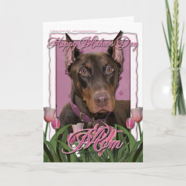 Mothers Day - Pink Tulips - Doberman - Red - Rocky Card (Front)