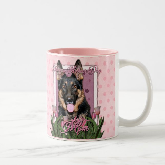 Mothers Day - Pink Tulips - German Shepherd - Kuno Two-Tone Coffee Mug (Right)