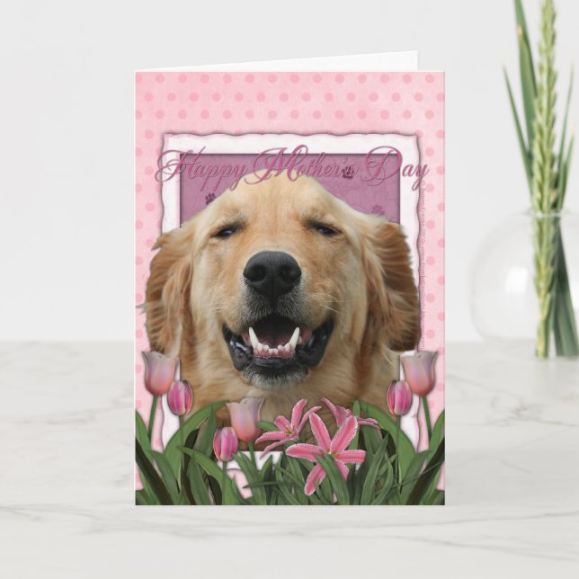 Mothers Day - Pink Tulips - Golden Retriever Card (Front)