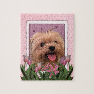 Mothers Day - Pink Tulips - Morkie - Lacey Jigsaw Puzzle