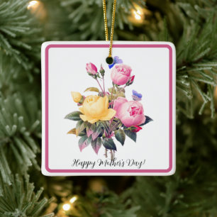 Mother's Day Pink Yellow Roses Purple Butterfly Ceramic Ornament