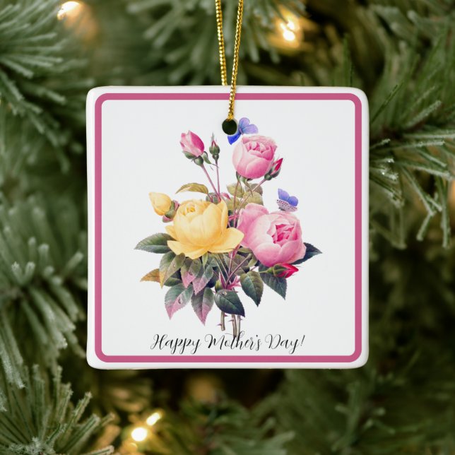 Mother's Day Pink Yellow Roses Purple Butterfly Ceramic Ornament (Tree)