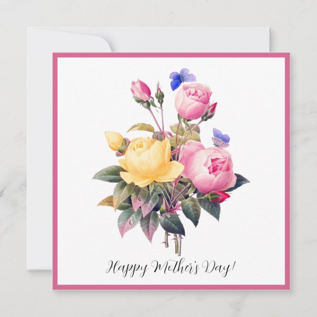 Mother's Day Pink Yellow Roses Purple Butterfly Holiday Card (Front)