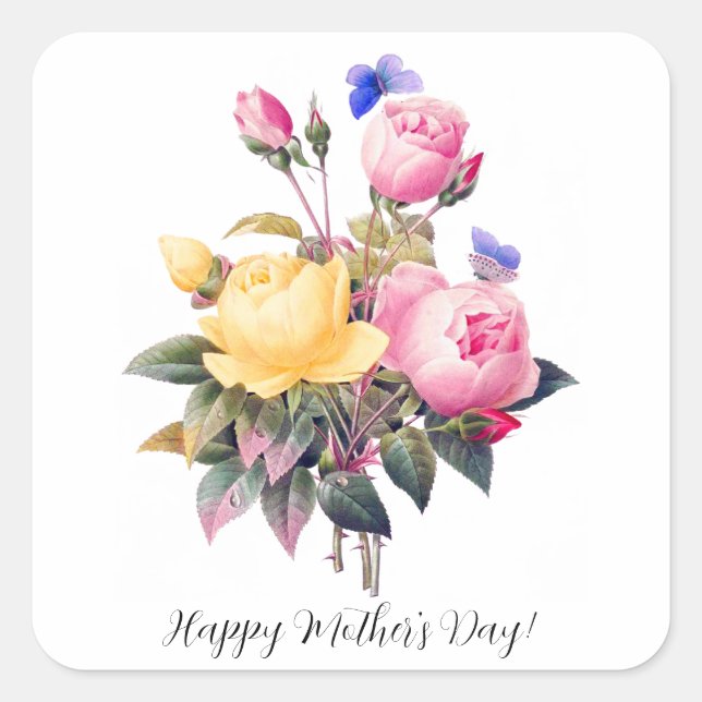 Mother's Day Pink Yellow Roses Purple Butterfly Square Sticker (Front)