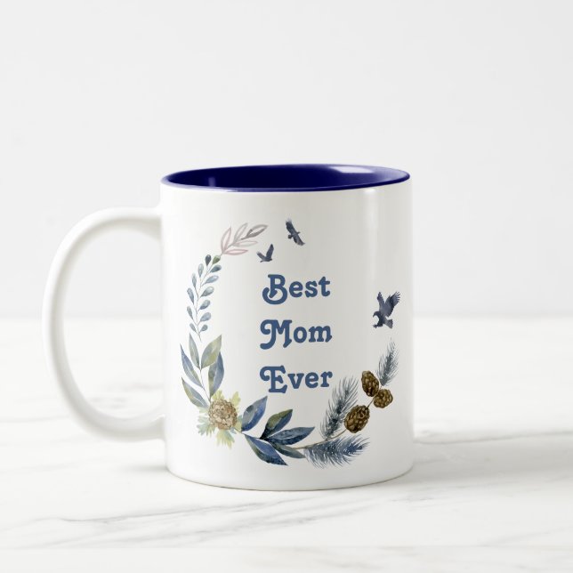 Mothers Day Pretty Blue Floral Bird Photo Two-Tone Coffee Mug (Left)