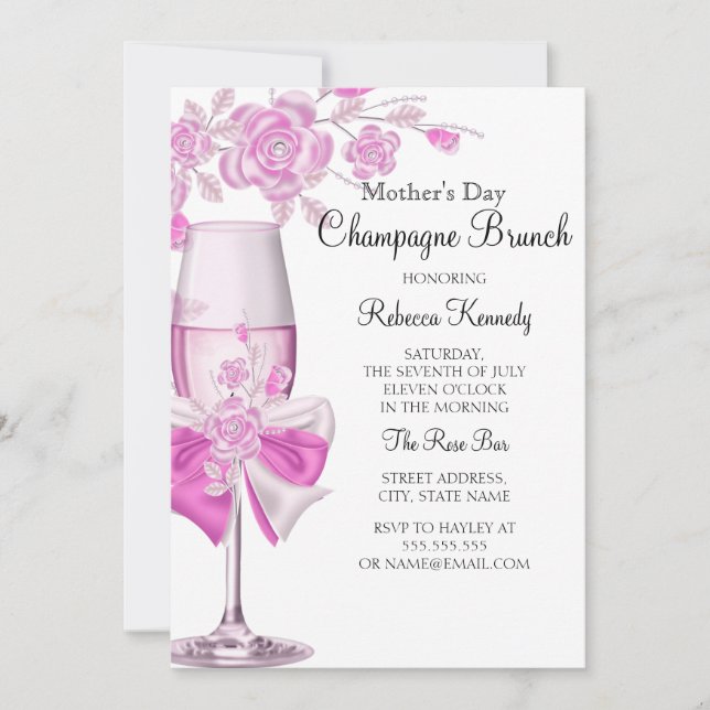 Mother's Day Pretty Pink Rose Champagne Brunch 2 Invitation (Front)