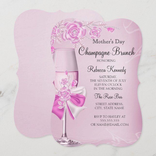 Mother's Day Pretty Pink Rose Champagne Brunch Invitation (Front/Back)