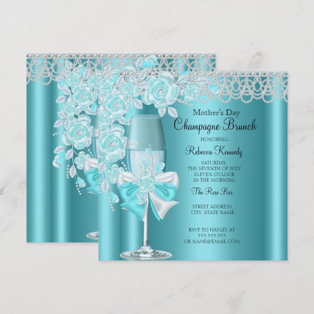 Mother's Day Pretty Teal Rose Champagne Brunch 2B Invitation (Front/Back)