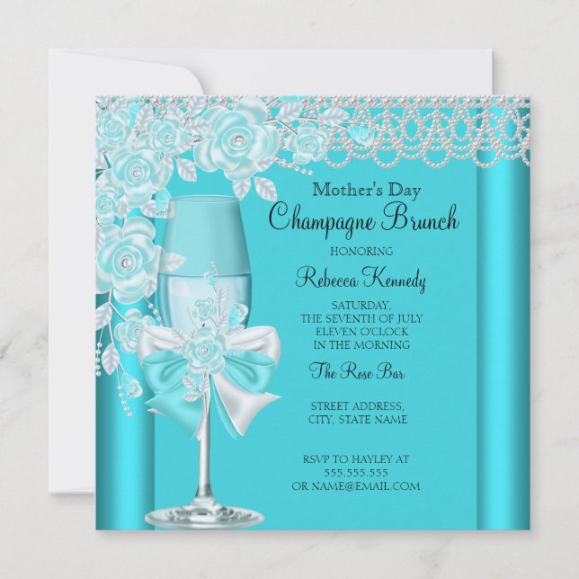 Mother's Day Pretty Teal Rose Champagne Brunch 2C Invitation (Front)