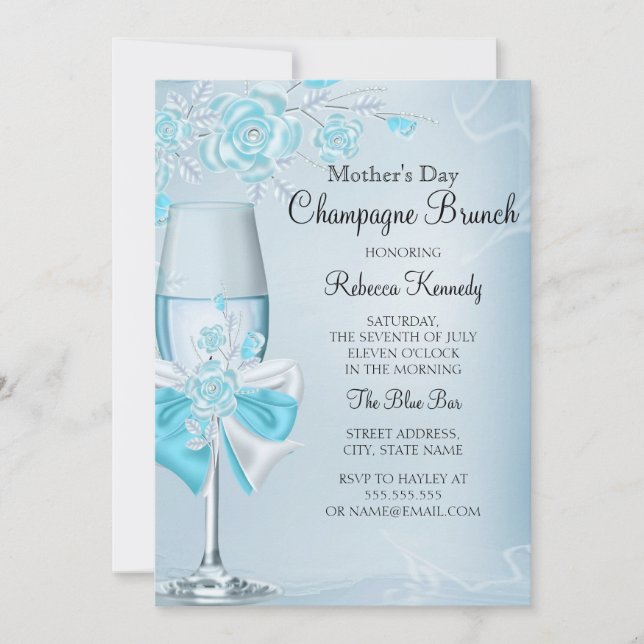 Mother's Day Pretty Teal Rose Champagne Brunch Invitation (Front)