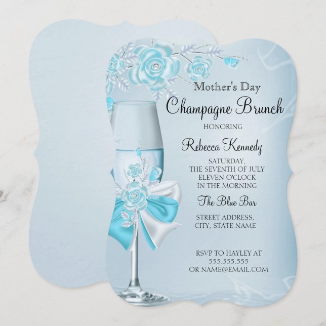 Mother's Day Pretty Teal Rose Champagne Brunch Invitation (Front/Back)