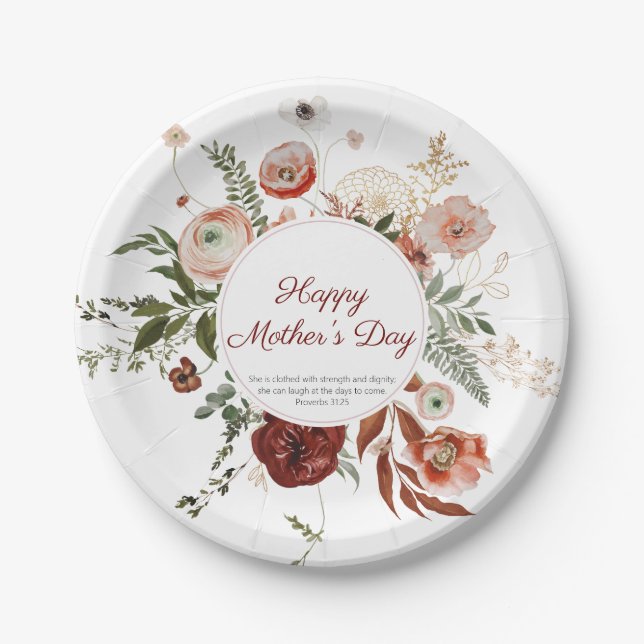 Mother's Day Proverbs 31:25 Blush Pink Floral Paper Plate (Front)