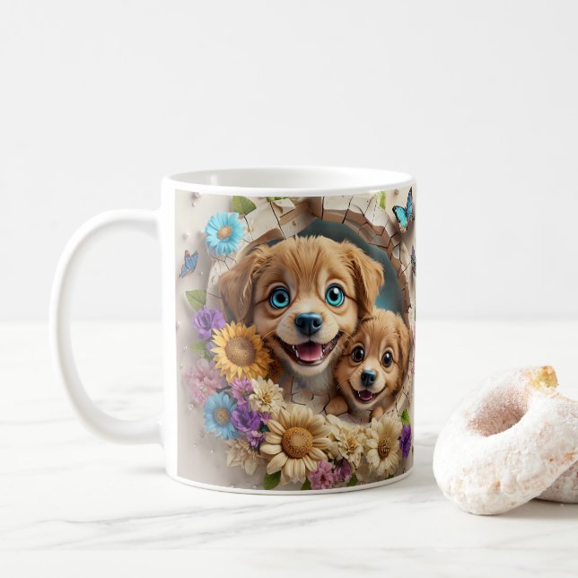 mother's day Puppies Surrounded By Colourful Flowe Coffee Mug (With Donut)